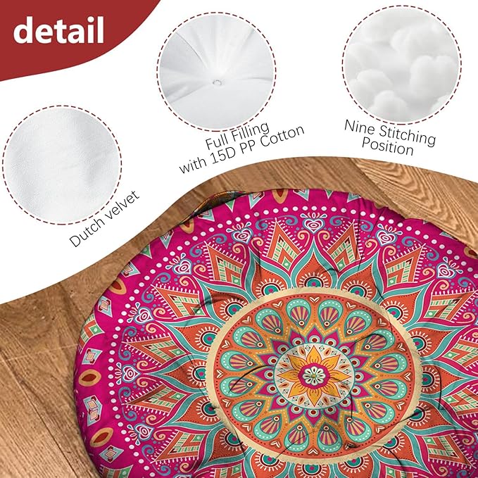Mandala Meditation Cushion, Boho Meditation Mat, Meditation Pillows for Sitting on Floor, Cushions for Sitting in Home and Outdoor, Round Floor Pillows Cushion Seating for Yoga 22'' X 22''