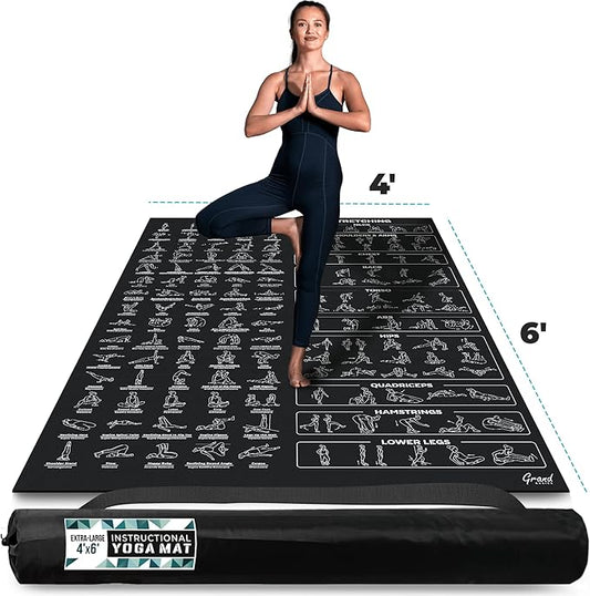 Extra-Large Instructional Yoga Mat with Poses Printed On It - 3X Bigger & 2X Wider than Regular Workout Mats - 150 Illustrated Yoga Poses and Stretches - Wide, Non-Slip, Barefoot Exercise Mat