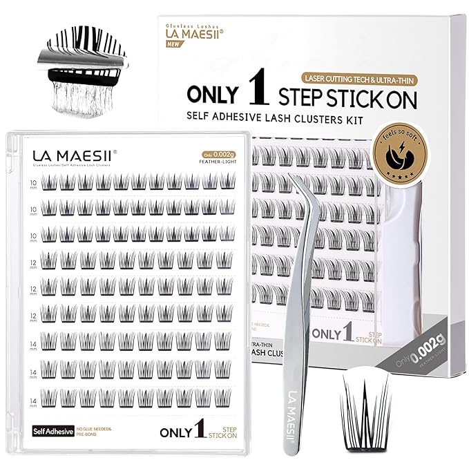 Self Adhesive Eyelashes Kit, Natural Look 10-14mm Lash Clusters Kit Reusable Lash Clusters Pre-Glued DIY Eyelash Extensions, No Glue Needed, No Residue, Easy to Apply (Hybrid)