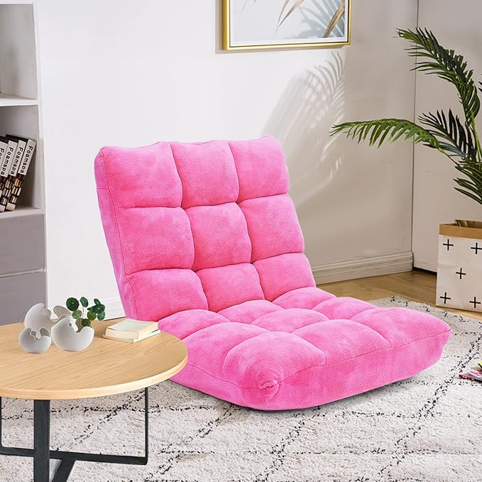 Moccha 14-Position Floor Chair, Folding Sofa Chair with Back Support, Memory Foam Floor Gaming Chairs for Adults, Adjustable Padded Couch Recliner Sleeper Bed for Reading, Meditating, Pink