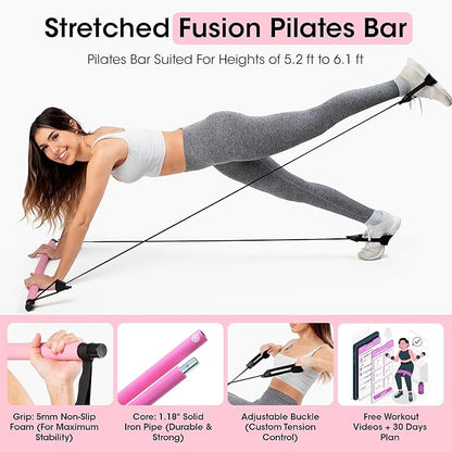Pilates Bar Kit for Home Workouts | Portable Home Pilates Kit Set for Women & Men | Workout Bar for Legs, Hip, Waist and Arm | Includes Pilates Socks, 30-Day Challenge & Meal Plan