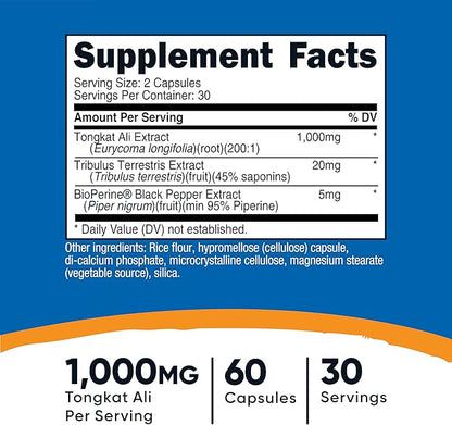 Nutricost Tongkat Ali 1,000mg, 60 Caps (2 Bottles) - 30 Servings Per Bottle, Veggie Caps, Non-GMO, Gluten Free