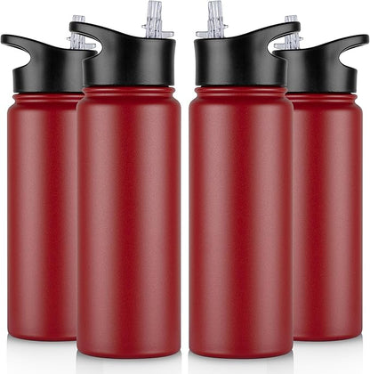 24 oz Insulated Water Bottle Bulk 4 Pack, Stainless Steel Sports Water Bottles with Straw Lid & Wide Mouth Lids, Double Walled Vacuum, Leak Proof, Red