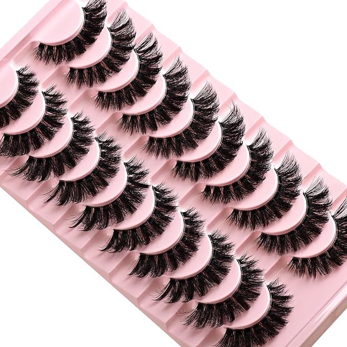 Lashes False Wispy Eyelashes Volume Cat Eye Lash Strips Fake Mink Eyelash Pack Natural Look Fluffy Full Strip Lashes Set Clear Band Easy Eyelashes for Beginners with Cluster Looking