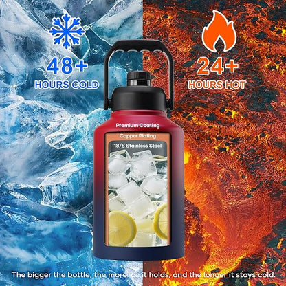 BUZIO One Gallon Water Bottle Insulated, (Cold for 48 Hrs) 128oz Water Jug Large Stainless Steel, 3.58in Big Wide Mouth Leak Proof Metal Flask with Carrying Sleeve for Camping,Gym,Travel, Black Red