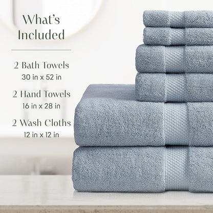 Springtree Home Blue Bath Towels Set of 6 | Classic Hotel Bath Towels | 100% Combed Cotton | Absorbent Quick-Dry Towels for Bathroom | Oeko-TEX® Standard 100 Cotton | Cynewski Collection - Blue Fog
