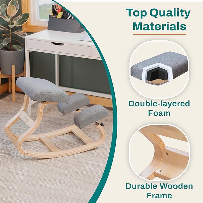 Ergonomic Kneeling Chair with 2 Knee Pads - Adjustable Height Rocking Knee Chair for Posture and Back Support for Home and Office - Angled Kneeling Stool, Moonstone Grey