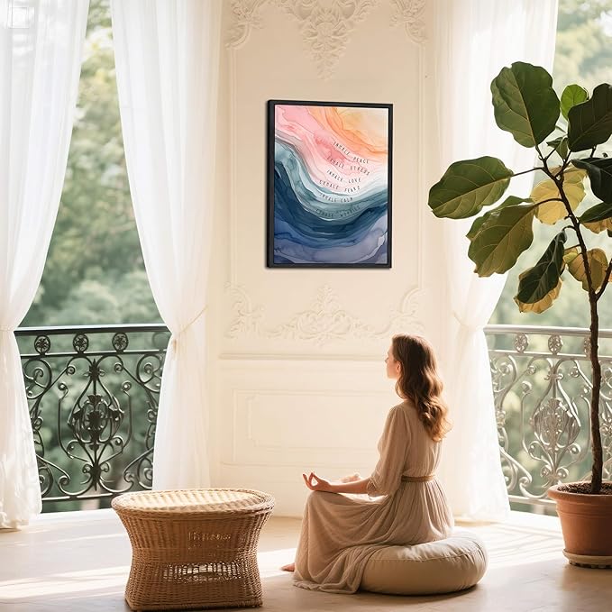 Mental Health Wall Art, Therapy Office Pictures Wall Decor, Inhale Exhale Art Paintings, Canvas Prints, Therapist Artwork for Meditation Room Calming Corner Decoration, Floating Framed 16x24 Inch