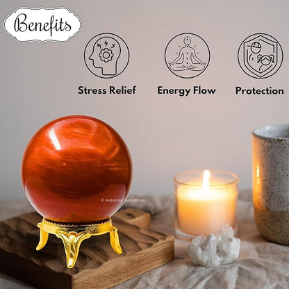Amazing Gemstone Red Jasper Crystal Ball with Stand - 2 Inches Crystal Sphere Meditation Balls for Witchcraft and Decorative Balls