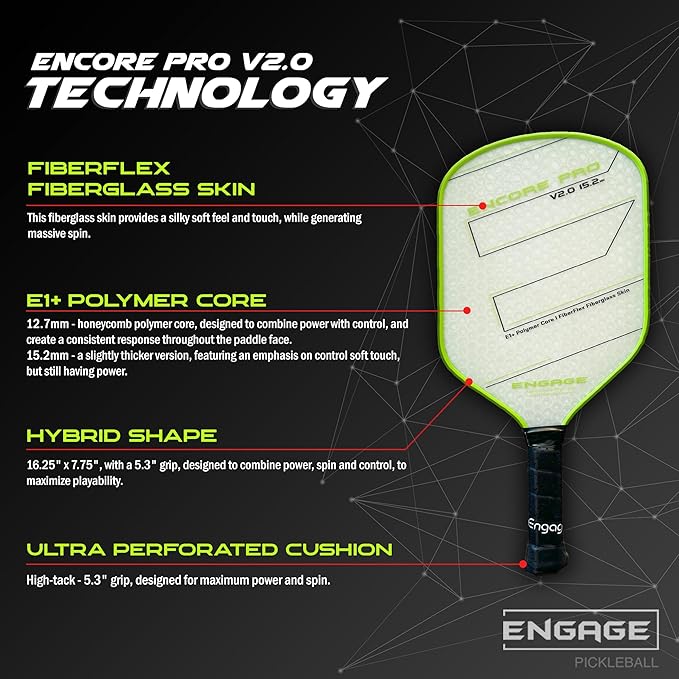 Engage Encore Pro V2.0 Pickleball Paddle – FiberFlex Fiberglass Face for Power & Spin, Available in Two Core Options (12.7mm for Power, 15.2mm for Control), Versatile Hybrid Shape