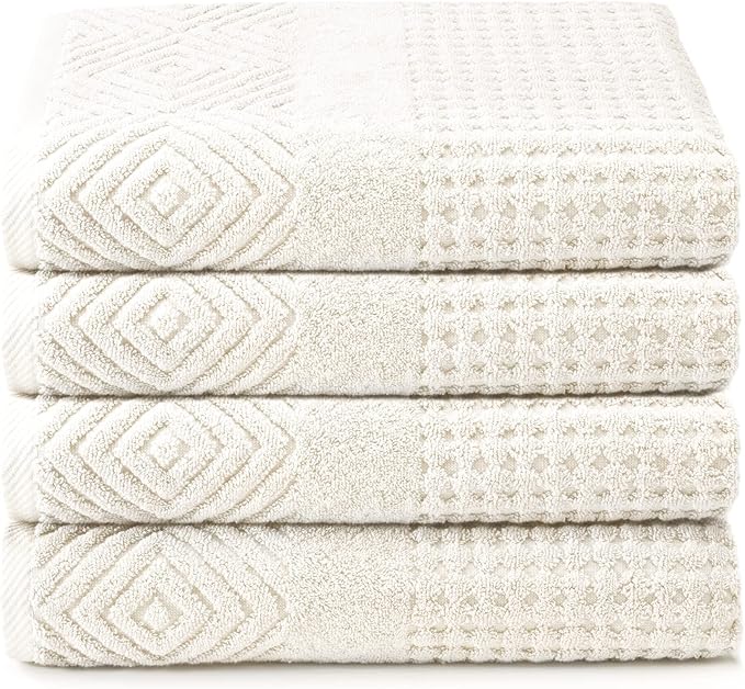 Texere 100% Organic Cotton Diamond Jacquard 700 GSM Luxury Bath Towel Sets - Ultra Soft and Absorbent Hotel and Spa Quality (Diamond, Cream, 4 Bath Towels)