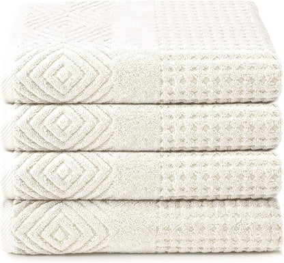 Texere 100% Organic Cotton Diamond Jacquard 700 GSM Luxury Bath Towel Sets - Ultra Soft and Absorbent Hotel and Spa Quality (Diamond, Cream, 4 Bath Towels)