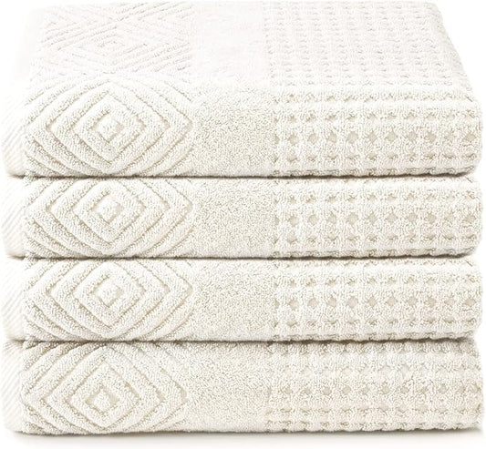 Texere 100% Organic Cotton Diamond Jacquard 700 GSM Luxury Bath Towel Sets - Ultra Soft and Absorbent Hotel and Spa Quality (Diamond, Cream, 4 Bath Towels)