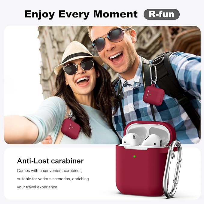 R-fun Compatible with AirPods Case Cover, Soft Silicone Protective Cover with Keychain for Women Men Compatible with Apple AirPods 2nd 1st Generation Charging Case, Front LED Visible,Wine red