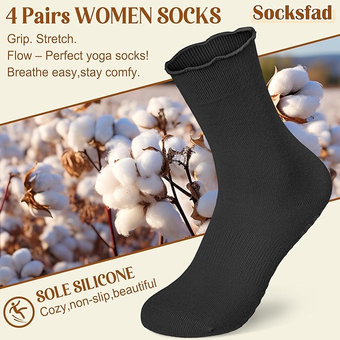 4 Pairs Pilates Socks with Grips for Women Yoga Ruffle Cute Grip Socks Pilates Non Slip Crew Ballet Hospital Workout