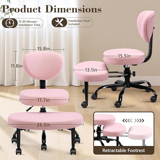 Ergonomic Cross Legged Office Chair with Wheels - Adjustable Height for Meditation, ADHD Desk & Yoga - Wide Criss Cross Design with Lumbar Support, Kneeling Chair - Pink