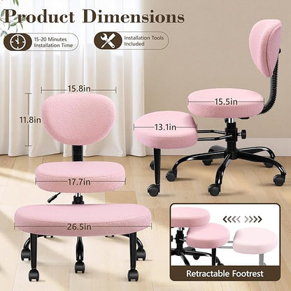 Ergonomic Cross Legged Office Chair with Wheels - Adjustable Height for Meditation, ADHD Desk & Yoga - Wide Criss Cross Design with Lumbar Support, Kneeling Chair - Pink