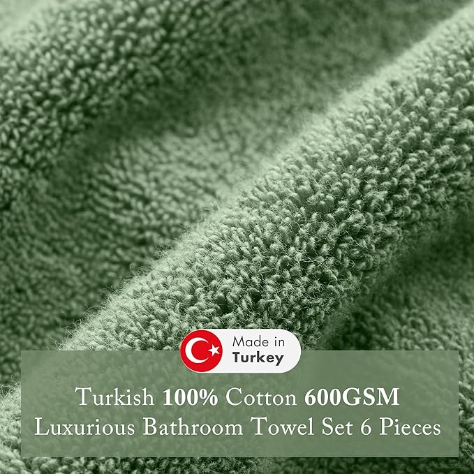 Madison Park Turkish Bath Towels 6pc, 2 Hand Towel for Bathroom, 2 Wash Towel, 2 Turkish Bath Towel Set, Luxury, 100% Cotton, Highly Absorbent & Quick Dry, Green