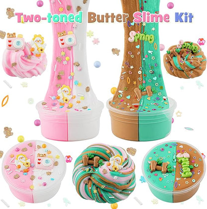 LAWOHO 2X120ml Butter Slime Kit Includes Two-Toned Butter Slime with 6 Packs Add-Ins, Slime for Kids Party Favors, Butter Slime for Kids Birthday Halloween Christmas, Slime Kit for Girls & Boys(Yard)