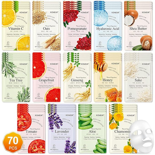70 Pack Sheet Face Masks Skincare, Hydrating Face Masks Suitable for All Skin Types, Bulk Facial Mask Gifts Set for Women Skin Care, Home Skincare Spa for Sensitive Skin