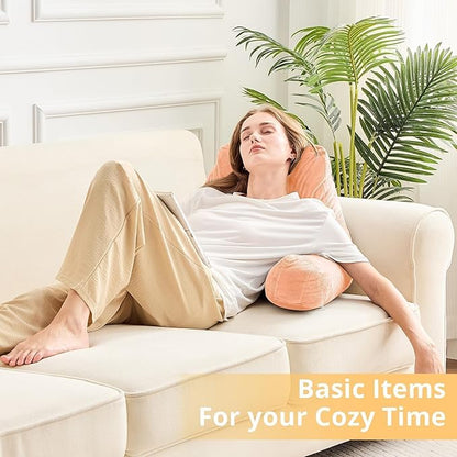 Sasttie Reading Pillow, Velvet Back Pillow for Bed Sitting Up, Adult Back-Rest Support Cushion with Arms for Sit Up on Couch, Sofa, and Floor, Dorm Essentials, Reading Accessories, Light Salmon
