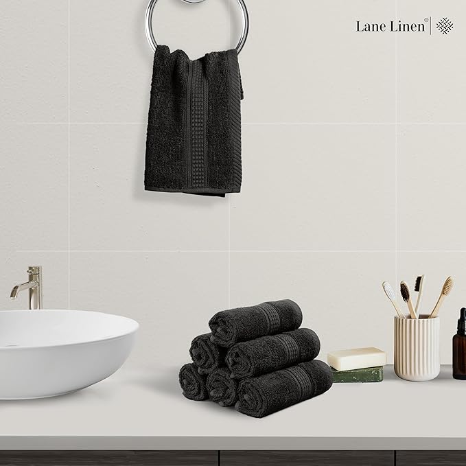 LANE LINEN 100% Cotton Washcloths 24 Pack - Spa & Salon Quality Face Towels - Ring Spun, Soft & Absorbent Wash Cloths for Body, Beauty, Home, Gym - Fingertip Towels Set- 13"x13", Black Washcloths