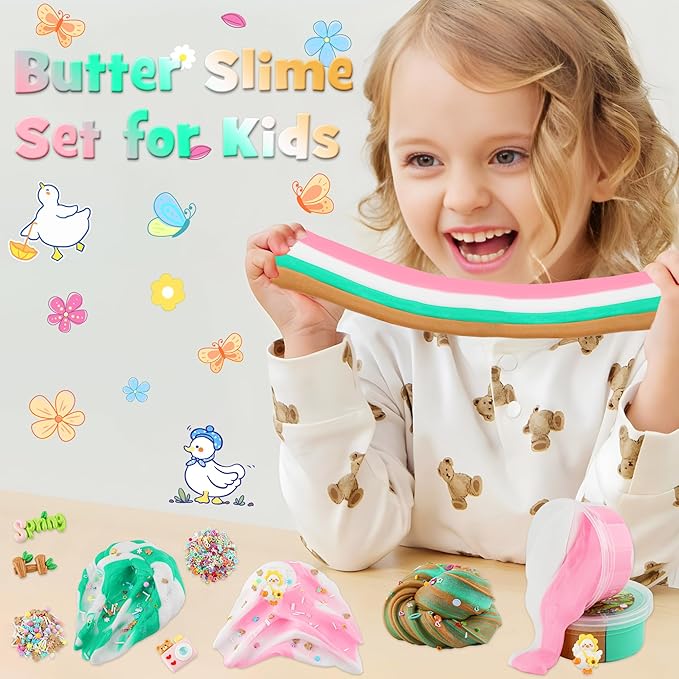 LAWOHO 2X120ml Butter Slime Kit Includes Two-Toned Butter Slime with 6 Packs Add-Ins, Slime for Kids Party Favors, Butter Slime for Kids Birthday Halloween Christmas, Slime Kit for Girls & Boys(Yard)