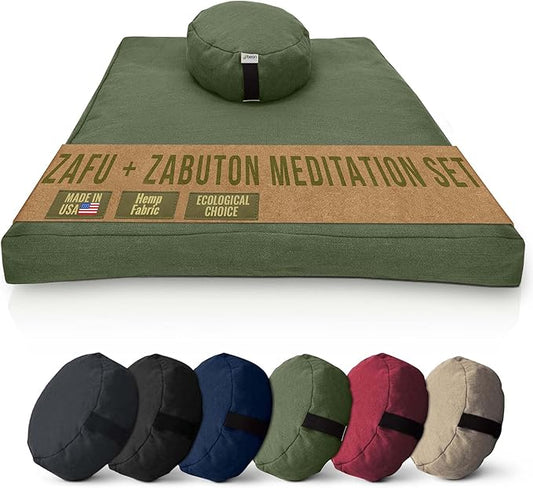 Meditation Cushion Mat Set HEMP - Round Zafu Floor Pillow Organic Buckwheat Pillow + Cotton Filled Zabuton Prayer Pad - Meditation Pillow Yoga Knee Pad - Made in USA - 14" Round, CACTUS Hemp