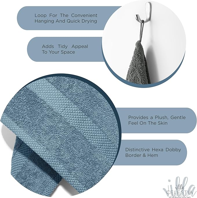 100% Cotton Hand Towel Set of 4, (16 x 28 inches) Sustainable, Soft, Highly Absorbent, Quick Drying, Combed Cotton Hand Towels Pack of 4 Ideal for Hotels, Spa, Bathroom, Dorm, Blue