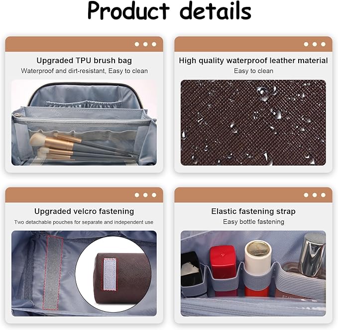BOYATU Travel Makeup Bag Organizer Cosmetic Bag: 3 Pcs Set Make up Bags for Women with Handle - Waterproof Vegan Leather Toiletry Bags Travel Essentials Pouch with Compartments (G-01-Brown)