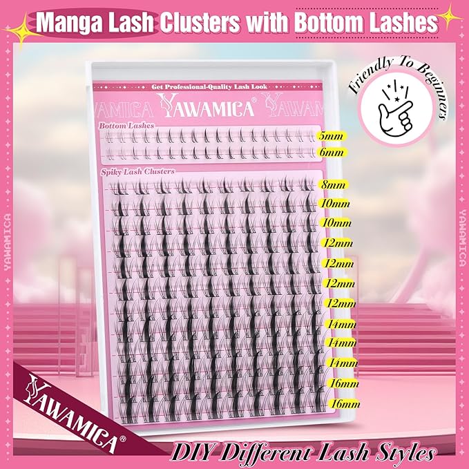 Yawamica Fairy Lash Clusters DIY Eyelash Extensions Manga Eyelash Clusters C Curly Spiky Anime Lashes Wispy Individual Lashes 8-16mm with 5-6mm Bottom Lashes Clusters for Manga Lash look (Fairy)