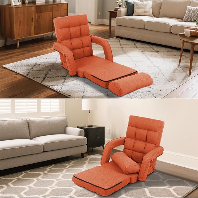 Adjustable Floor Chair for Adults with Back Suppor,5-Position Folding Lazy Sofa with Pillow, Gaming & Meditation Chair with Breathable Fabric - for Living Room, Bedroom, Office,Balcony (Orange)