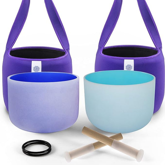 FMTY10inch Crystal Singing Bowls set prefect pitch(±10HZ) Blue(Throat)+ Indigo(3Rd Eye) with Carrying Bag Sound Bowls Chakra Bowl