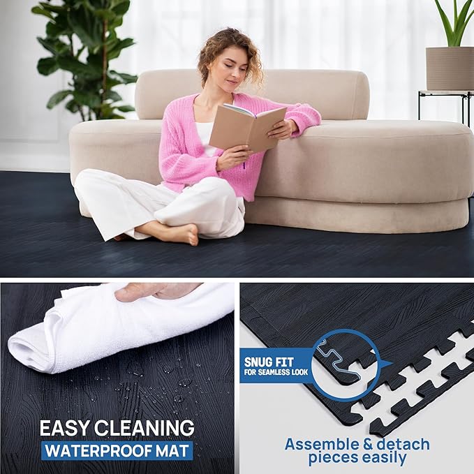 Yes4All 48SQ.FT Wood Grain Puzzle Exercise Mat Protective Flooring, EVA Interlocking Foam Floor Tiles with Border for Home