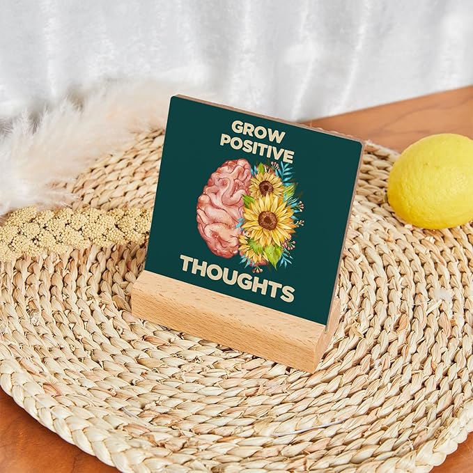 Mental Health Growth Positive Thoughts Wooden Sign Decor, Mental Health Sign With Wooden Stand, Mental Health Awareness Gifts for Psychologist School Counselor Student Boy Girl Best Friend