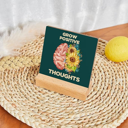 Mental Health Growth Positive Thoughts Wooden Sign Decor, Mental Health Sign With Wooden Stand, Mental Health Awareness Gifts for Psychologist School Counselor Student Boy Girl Best Friend