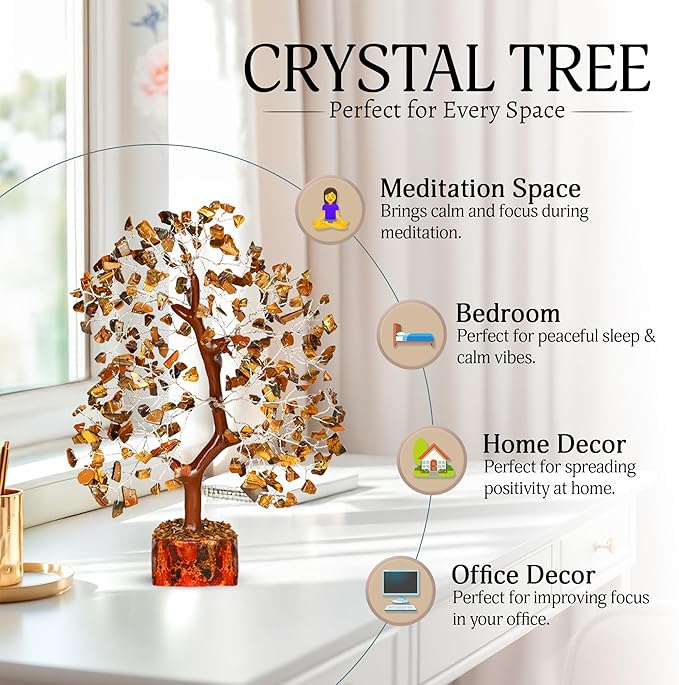 YATSKIA Tiger Eye Crystal Tree of Life, Healing Crystals Decor, Meditation Decor, Chakra Gifts, Crystal Gifts for Women