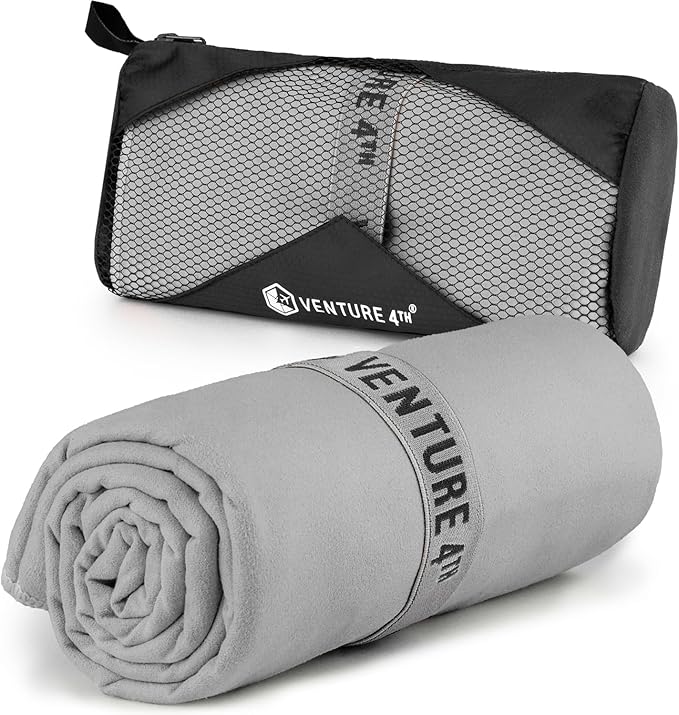 VENTURE 4TH Quick Dry Towel. Microfiber Travel Towel Ideal for Camping, Hiking, Backpacking, Gym. Lightweight & Fast Drying Travel Towels for Body. Compact & Easy to Pack - Light Gray Medium
