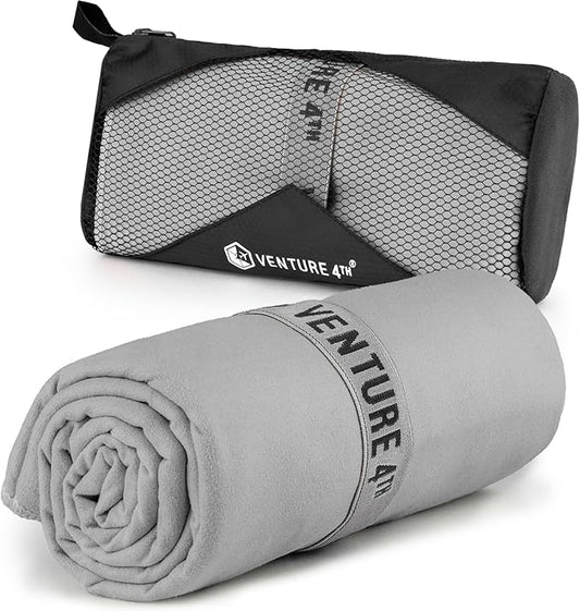 VENTURE 4TH Quick Dry Towel. Microfiber Travel Towel Ideal for Camping, Hiking, Backpacking, Gym. Lightweight & Fast Drying Travel Towels for Body. Compact & Easy to Pack - Light Gray Medium
