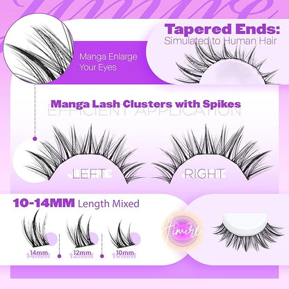 Manga Lash Clusters Natural Eyelash Clusters C Curly 10-14MM Fairy Cluster Eyelash Extensions with Spikes 110Pcs Wispy Individual Lashes Clusters DIY Natural Eyelashes Clusters at Home