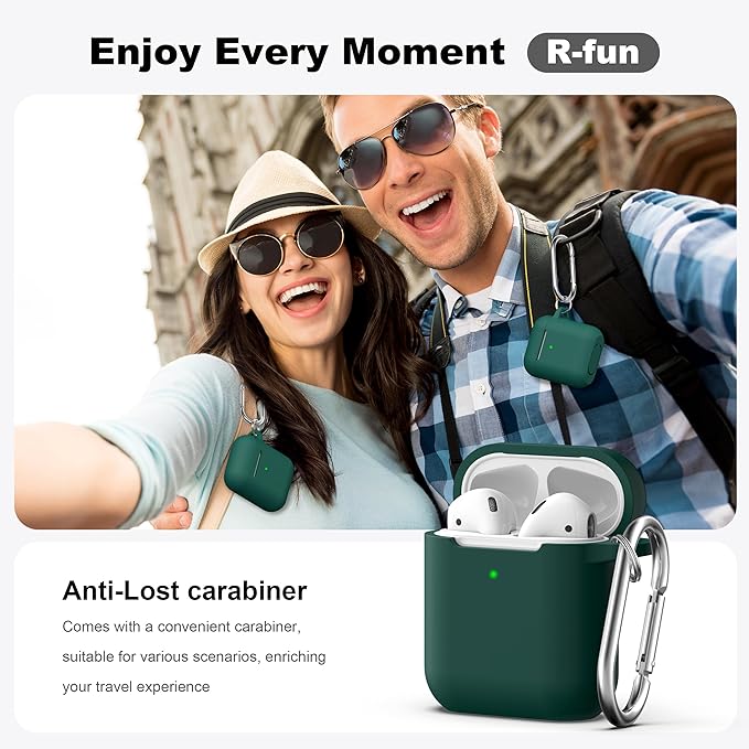R-fun Compatible with AirPods Case Cover, Soft Silicone Protective Cover with Keychain for Women Men Compatible with Apple AirPods 2nd 1st Generation Charging Case, Front LED Visible,Black Green