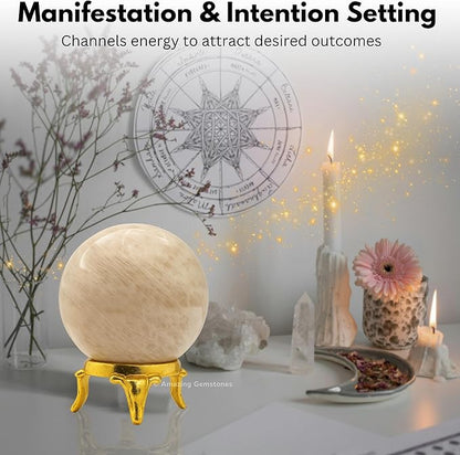 Amazing Gemstone Cream Moonstone Crystal Ball with Stand - 2 Inches Crystal Sphere Meditation Balls for Witchcraft and Decorative Balls