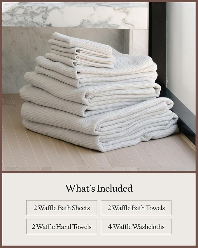 Cozy Earth Complete Waffle Bath Bundle - 60% Cotton 40% Viscose from Bamboo - Quick Dry & Ultra-Soft Waffle Weave Bath Towels - 4 Washcloths, 2 Hand Towels, 2 Bath Towels, 2 Bath Sheets, Light Grey