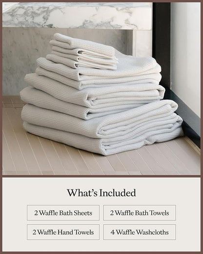 Cozy Earth Complete Waffle Bath Bundle - 60% Cotton 40% Viscose from Bamboo - Quick Dry & Ultra-Soft Waffle Weave Bath Towels - 4 Washcloths, 2 Hand Towels, 2 Bath Towels, 2 Bath Sheets, Light Grey