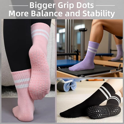 Raylarnia Tall Pilates Socks with Grips for Women, Yoga Crew Non-Slip, Grippy Ankle Barre Sock, Hospital Sticky Socks 5 Pairs