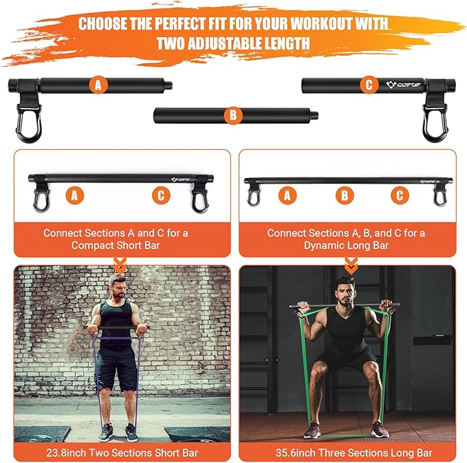 Portable Heavy Duty Resistance Bar with 3 Resistance Bands, Pilates Bar with Pull Up Bands & Training Poster, Yoga Pilates Equipment for Home Gym