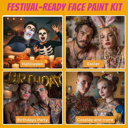 Face Painting Kit Professional, Water Based Face Paint Kit, Non Toxic Face Paint Palette with Body Glitter Gel, Neon Face Paint, Glitter Face Paint & 10 Face Paint Brushes for Halloween, Easter