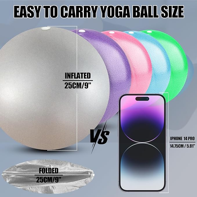 Small Exercise Ball Anti-Burst Non-Slip Stability 9 Inch with Inflatable Straw Mini Pilates Balls Ideal for Yoga Exercise Pilates Physical Therapy Stretching Core Fitness