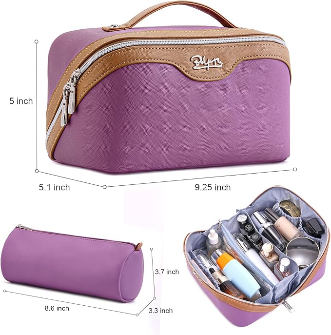 BOYATU Travel Makeup Bag Organizer Cosmetic Bag: 3 Pcs Set Make up Bags for Women with Handle - Waterproof Vegan Leather Toiletry Bags Travel Essentials Pouch with Compartments (G-07-Purple)