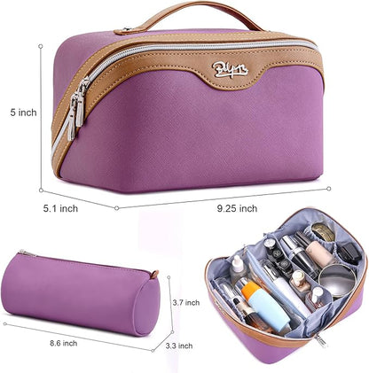 BOYATU Travel Makeup Bag Organizer Cosmetic Bag: 3 Pcs Set Make up Bags for Women with Handle - Waterproof Vegan Leather Toiletry Bags Travel Essentials Pouch with Compartments (G-07-Purple)